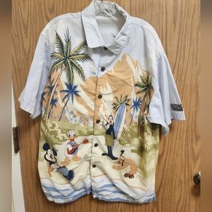 Vintage Walt Disney World Hawaiian Shirt Hang Loose Palm Surf Beach Mountains L